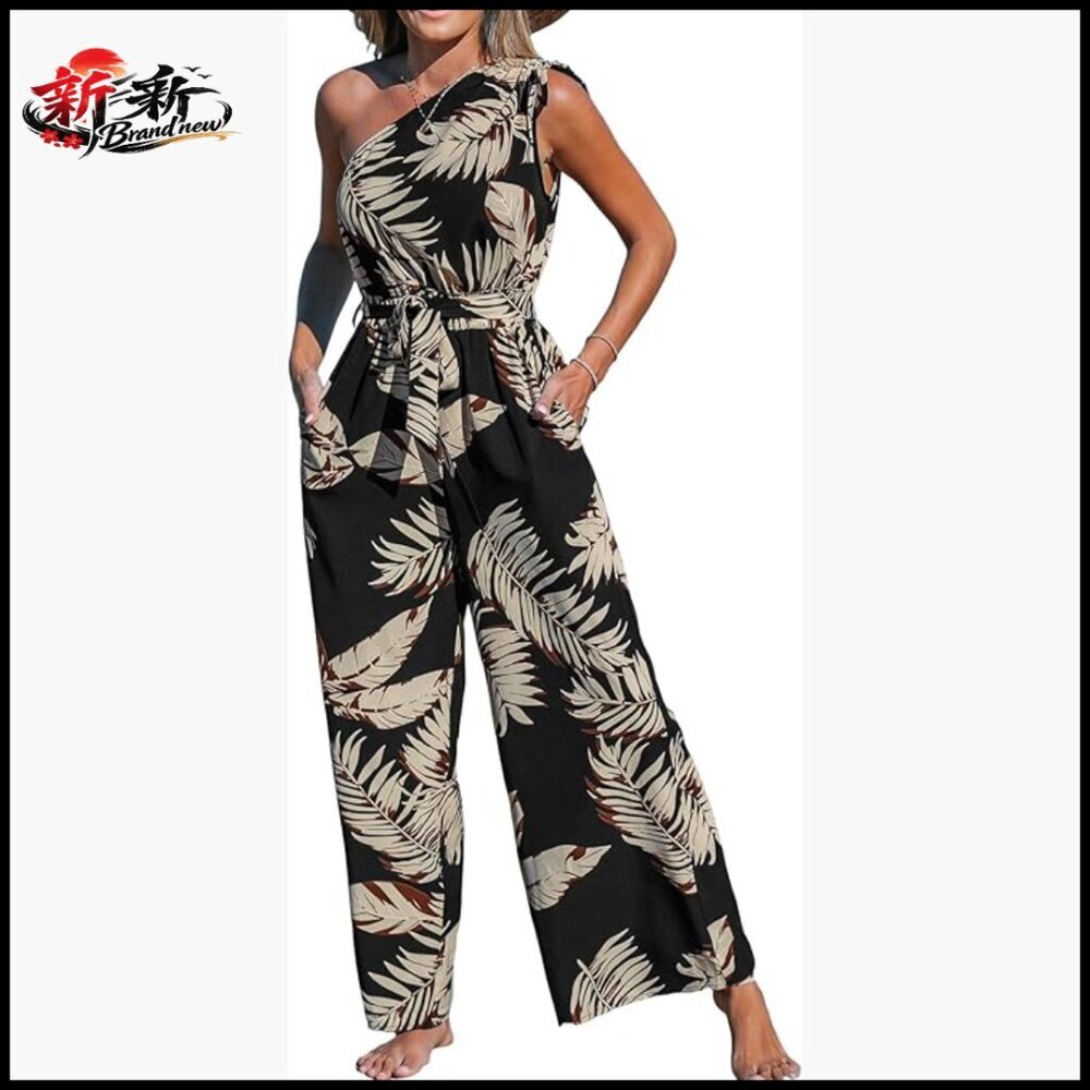 Sleeveless One Shoulder Floral Jumpsuit Wide Leg Pants Pocket Travel Outfit